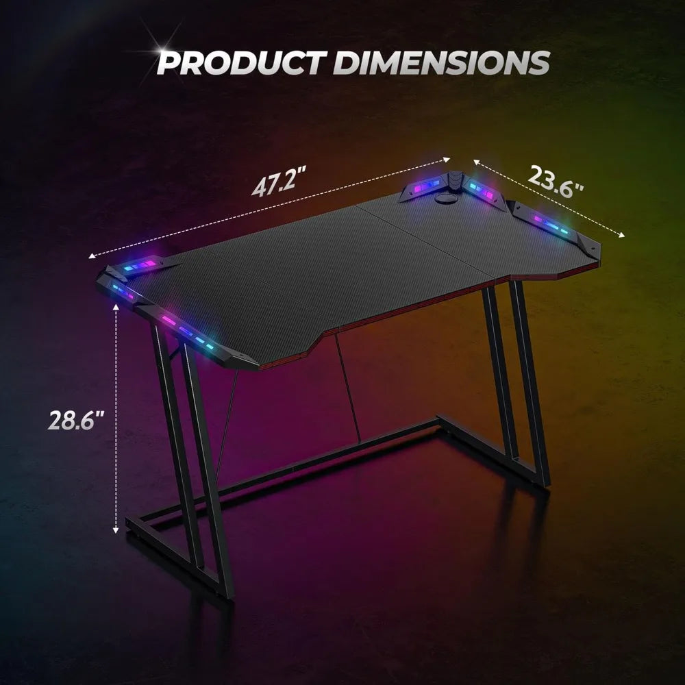LED-Illuminated 47 Z-Shaped Gaming Desk with Carbon Fiber Surface for Ergonomic Home Gaming