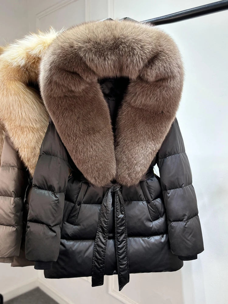 2025 New Natural Thick Warm 90% White Goose Down Coat Long Winter Jacket Women Real Big Fox Fur Collar Belt Loose Puffer Parka