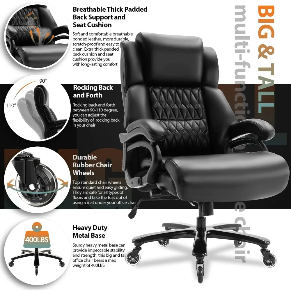 400lbs Office Chair- Adjustable Lumbar Support Quiet Rubber Wheels Heavy Duty Metal Base,High Back Large Executive Computer Desk
