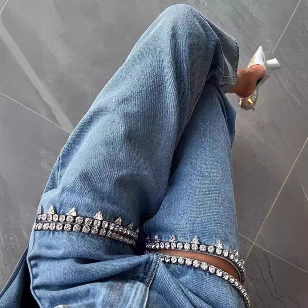 Chic Women Hollowed Out Diamonds Beaded Holes Jeans Rhinestones Straight Denim Pants Crystals Cowboy Trousers Loose Pantalones - Kimlud