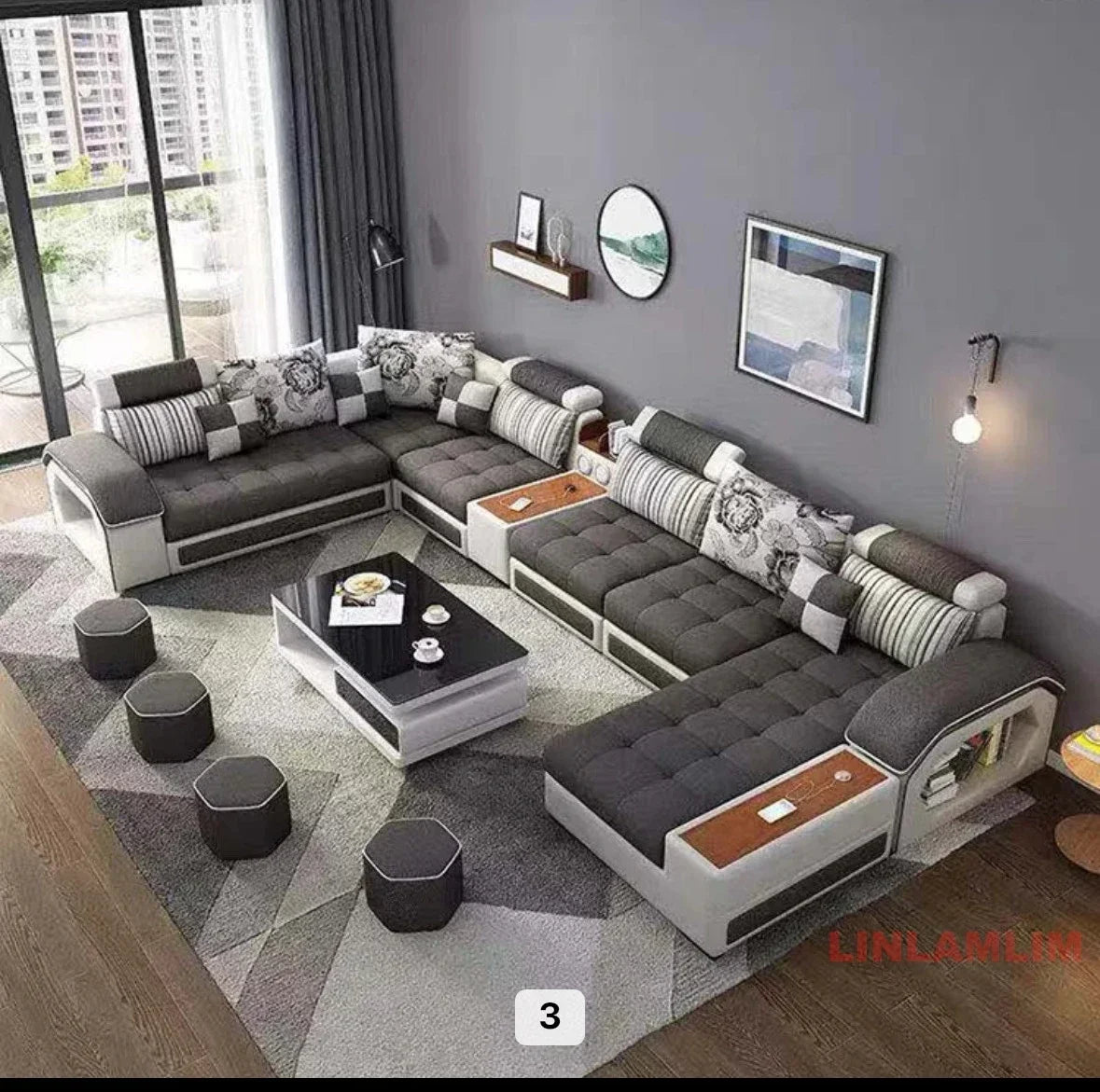 Linlamlim U-Shaped Sectional Fabric Sofa Set - Modern Living Room Furniture with Storage, Built-in Side Table, USB, and...