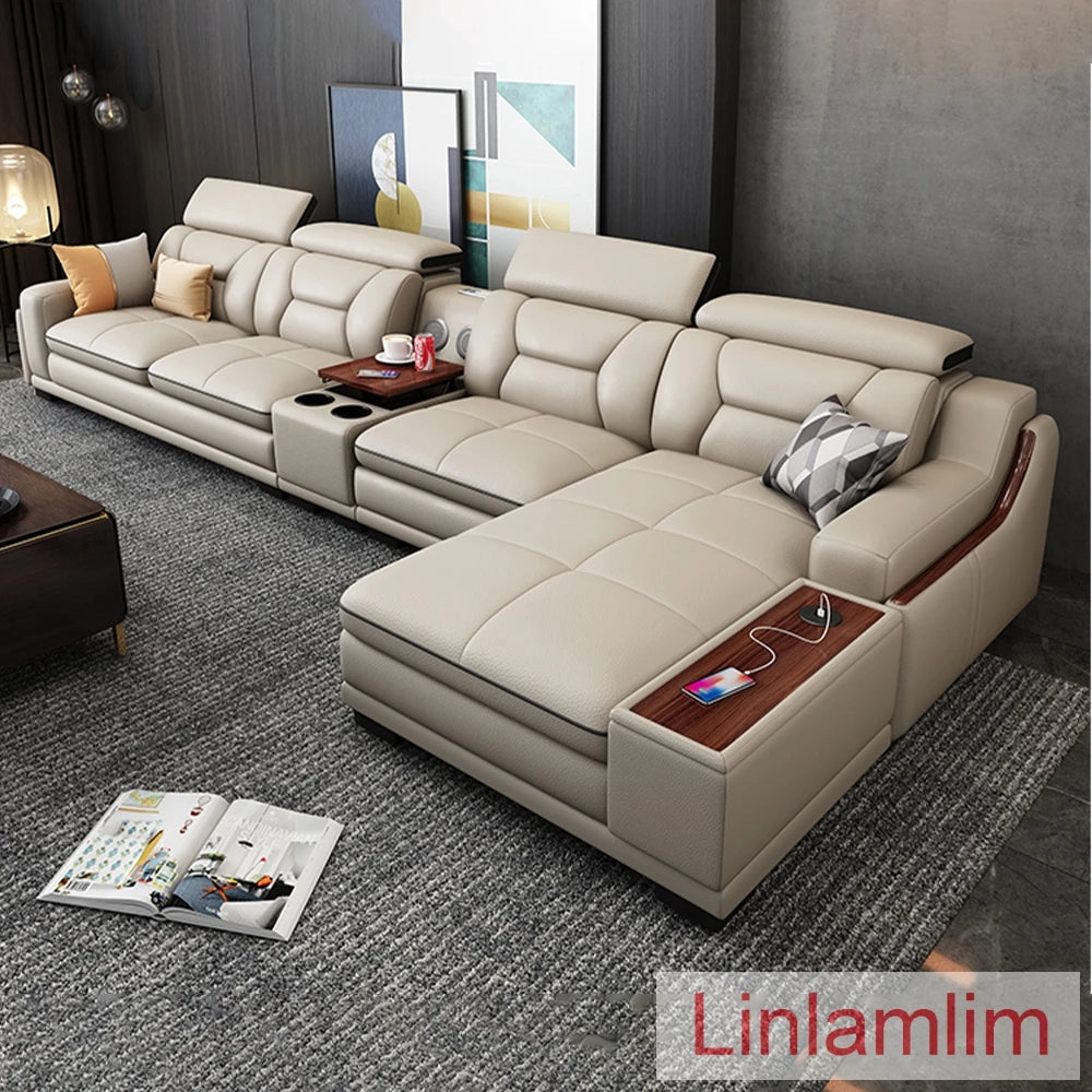 Beautify Your Living Room with Linlamlim Italian Genuine Leather Sofa - Bluetooth Speaker, Adjustable Headrests and USB...