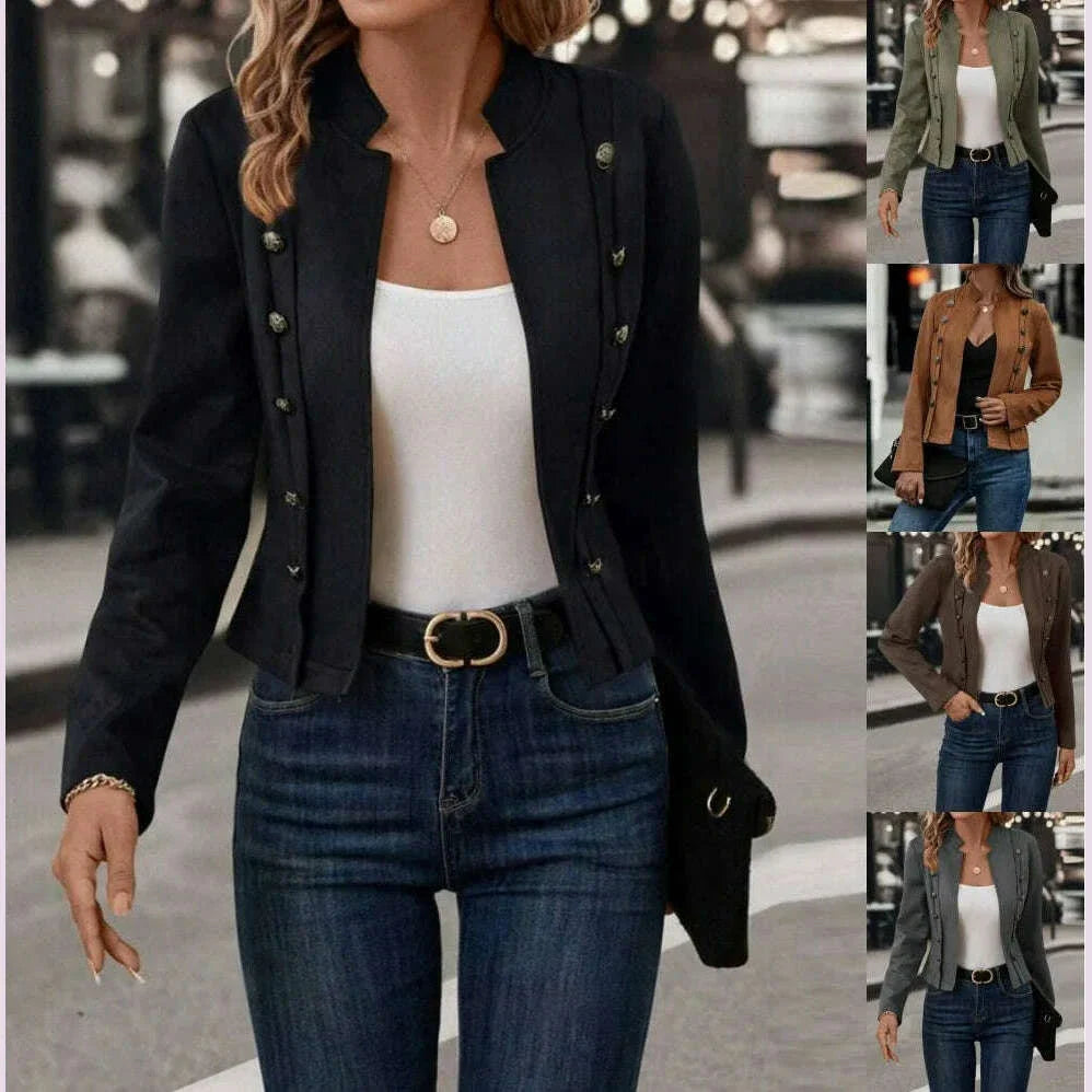 Spring Auutmn Jacket Blazer Coat Double-breasted Stand Collar Buttons Slim Long Sleeves Retro Cardigan Women Outdoor Suit Jacket