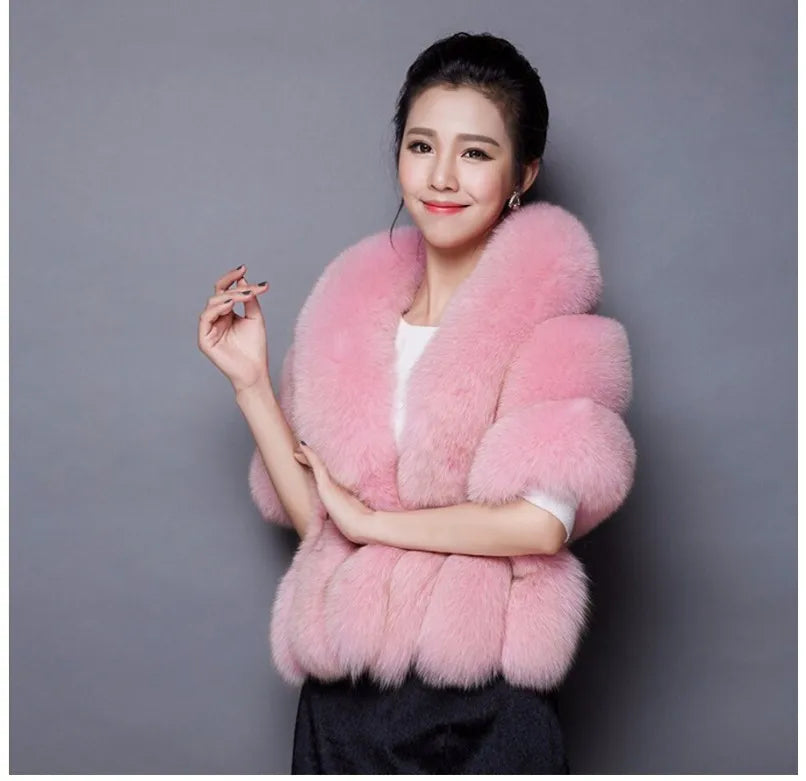Faux Fur Fox Women Coats Shawl Cloak Coat Thick Open Stitch Elegant Maxi Warm Wedding Work Thick Outerwear Autumn Winter