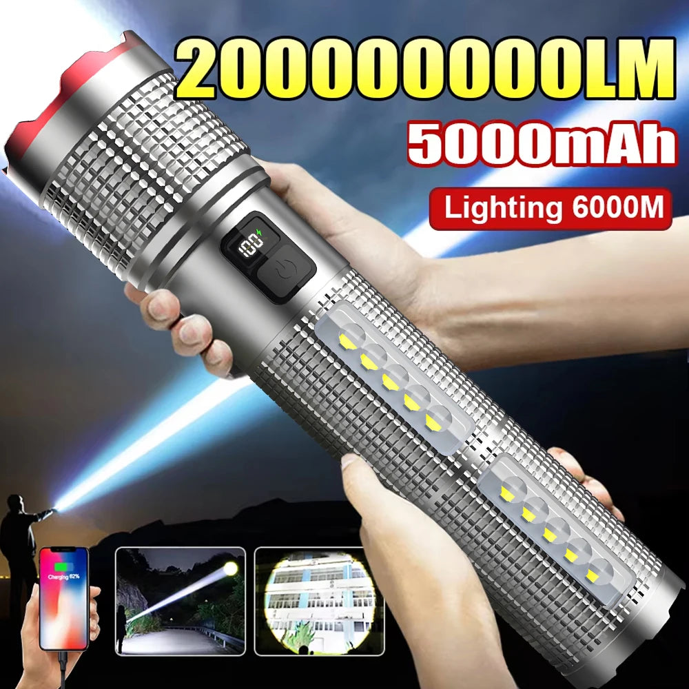 5000 MAH Powerful LED Flashlight Rechargeable Lamp Side Light Waterproof Tactical Lantern Handheld Torch Outdoor Camping Hiking