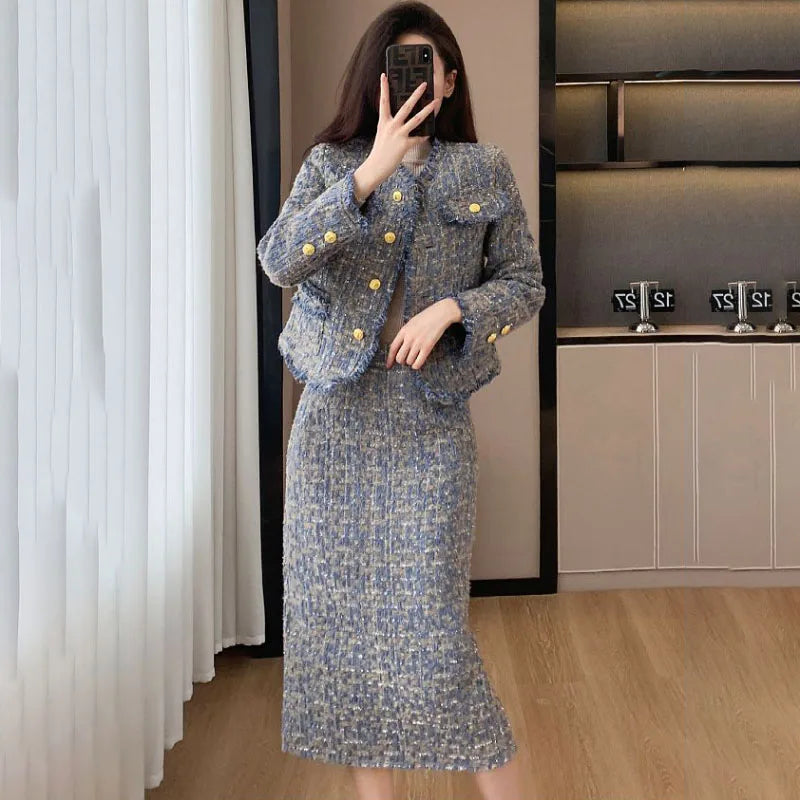 2025 Spring Autumn New Tweed Suit Skirt Women's Fashion Loose Sweet Single-Breasted Casual Chic Jacket Two-Piece Sets