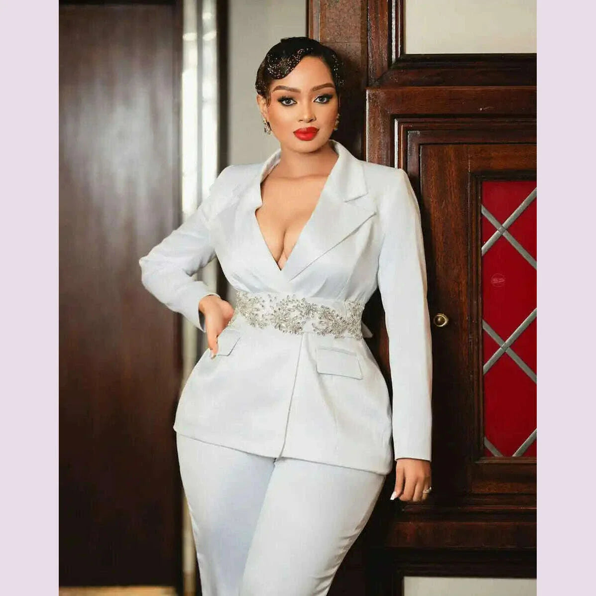 Plus Size Women Pants Suits Slim Fit Lady Customized Pearls Beading Blazer With Belt Prom Evening Party Blazer 2 Pieces