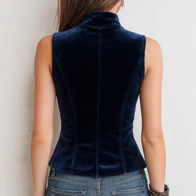 Fall Winter Solid Velvet Women's Vest Jacket Elegant V Neck Double Breasted Top Cardigan Sleeveless Slim Vintage Outerwear Coats