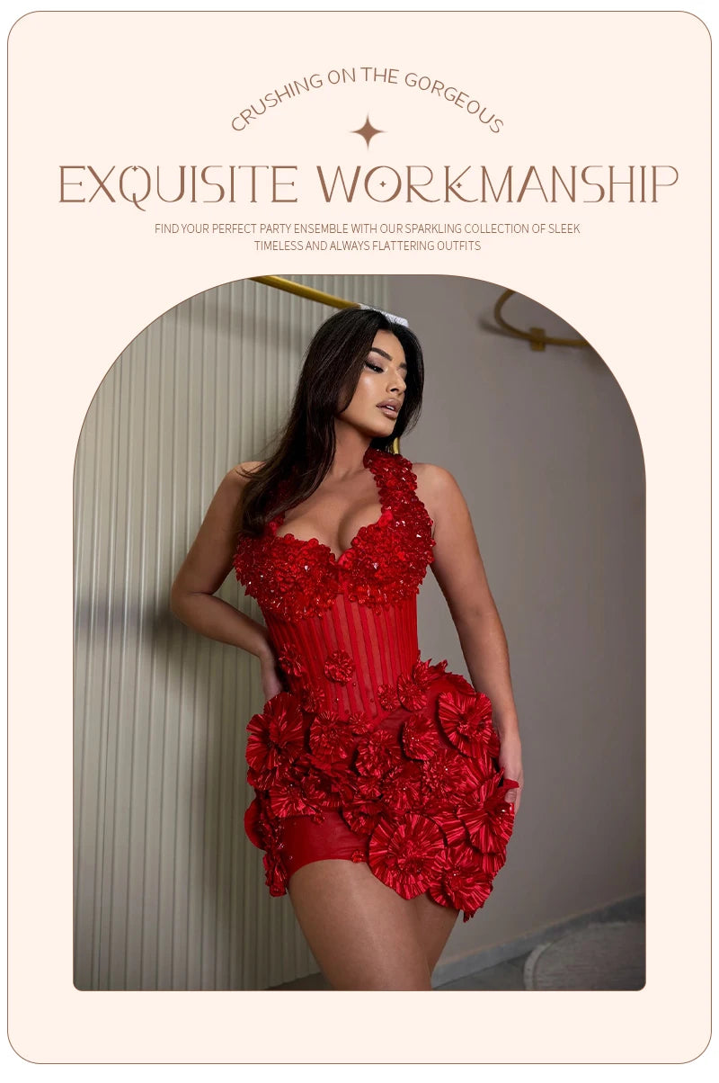 VC Party Sexy Galas Gown Red 3D Floral Halter Sequins Backless Mini Dress