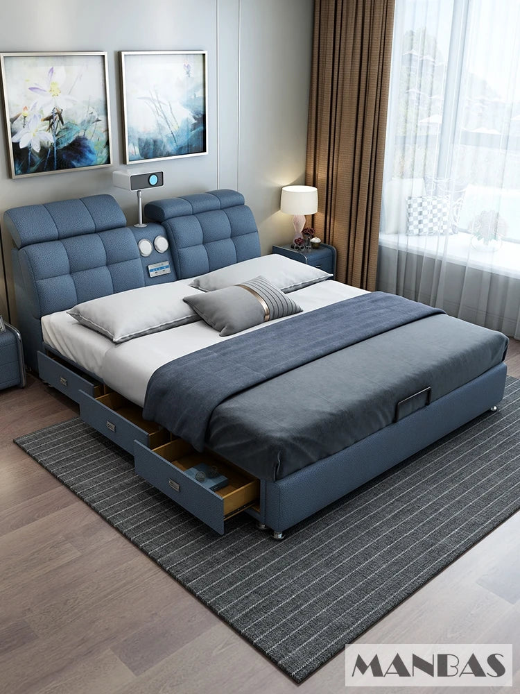 Linlamlim Ultimate Tech Smart Bed - Multifunctional Bedframe with Genuine Leather and Bluetooth Speaker, Drawers,...