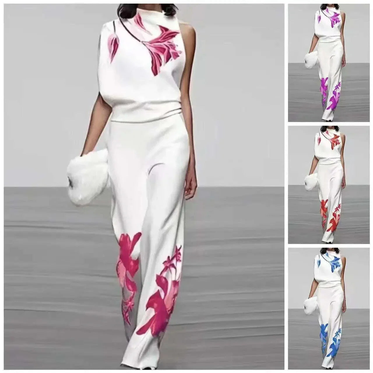 Two Piece Sets High Waist Wide Leg Trousers Outfits Matching Sets Suit Women Solid Turtleneck Sleeveless Tops Print Loose Pant