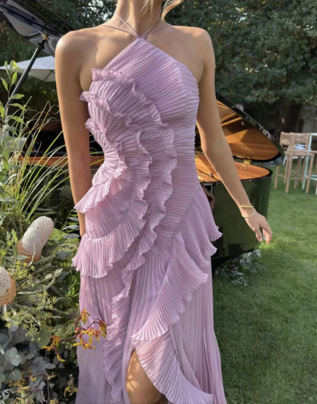 Chiffon Pleated Patchwork Sleeveless Summer Dress Women Elegant Halter Backless Split Maxi Dress Ladies Party Evening Dress 2025