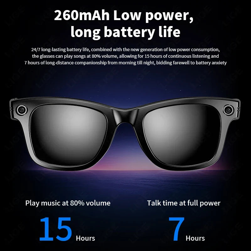 LIGE Camera Smart Music Glasses Make Receive Call Bluetooth Headset Recording Photo Recognition Anti Blue Light UV Sunglasses
