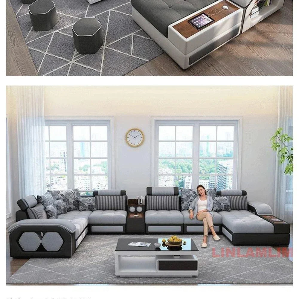 Linlamlim U-Shaped Sectional Fabric Sofa Set - Modern Living Room Furniture with Storage, Built-in Side Table, USB, and...