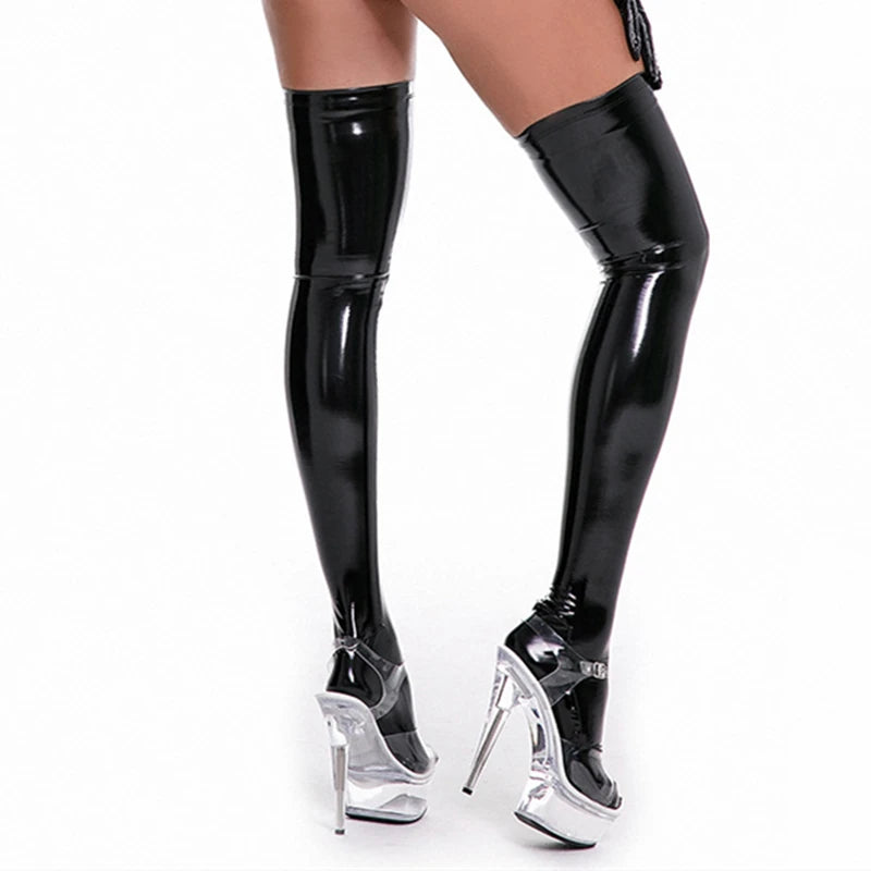 3XL Plus Size Wetlook PVC Leather Thigh High Stockings Gothic Punk Reflective Shiny Pole Dance Night Club Party Lingerie