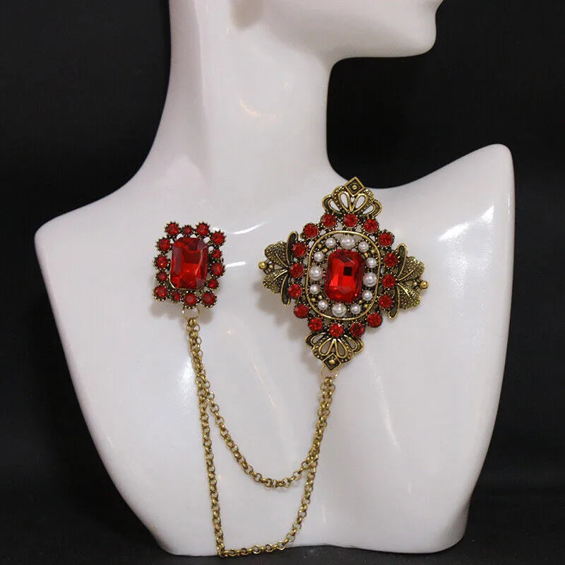 Vintage Fashion Black Crystal Sparkling Rhinestone Brooch Creative Lapel Pin Medieval Design Long Chain Brooches Autumn Winter