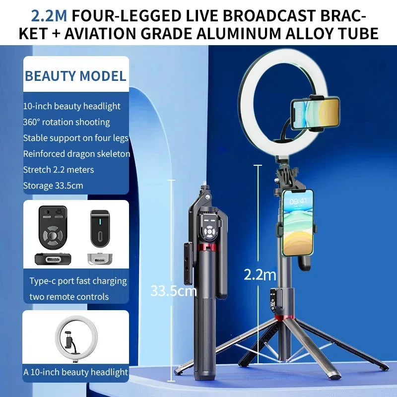 P325 Dual Remote Selfie Stick 2.2M Extended Mobile Phone Quadpod Wireless Bluetooth Selfie Stick Handheld Stabilizer Bracket