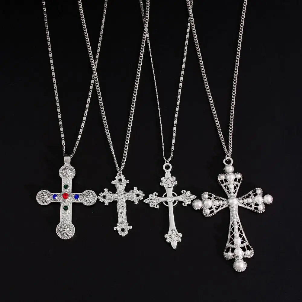 Geometric Ethnic Style Men Necklace Silver Pearl Cross Pendant Necklace Jewelry Accessories Golden Rhinestone Necklace Women