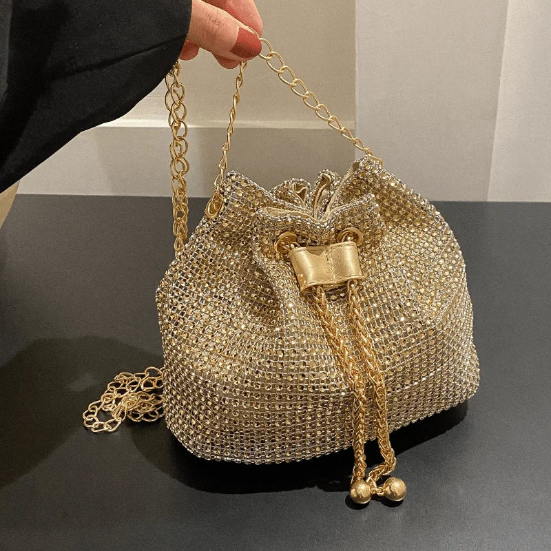 Sparkling Rhinestone Embellished Drawstring Crossbody Bag, Multi-Functional Bucket Purse, Formal Handbag for Women Daily Commute