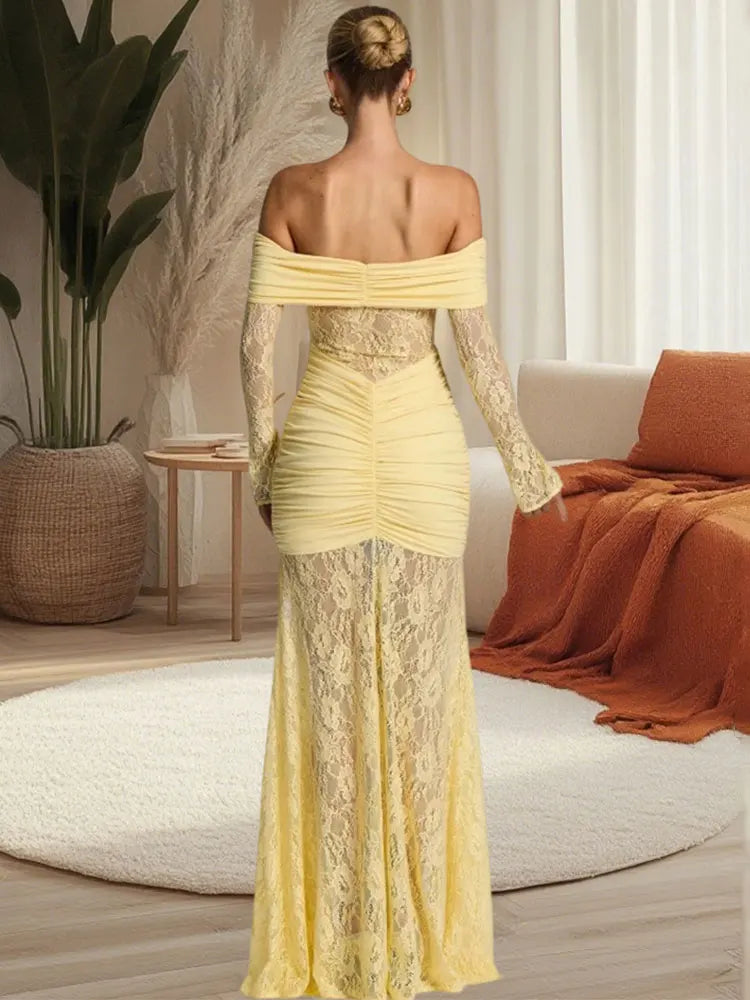 GACVGA Elegant Mesh Lace Patchwork Bodycon Maxi Dress for Women Summer Sexy Off-Shoulder Sheer Party Club Evening Long Dress