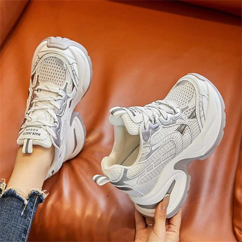 2025 12cm Synthetic Air Mesh Genuine Leather Vulcanize Chunky Sneakers Summer Autumn Leisure Spring Women Platform Wedge Pumps - Kimlud