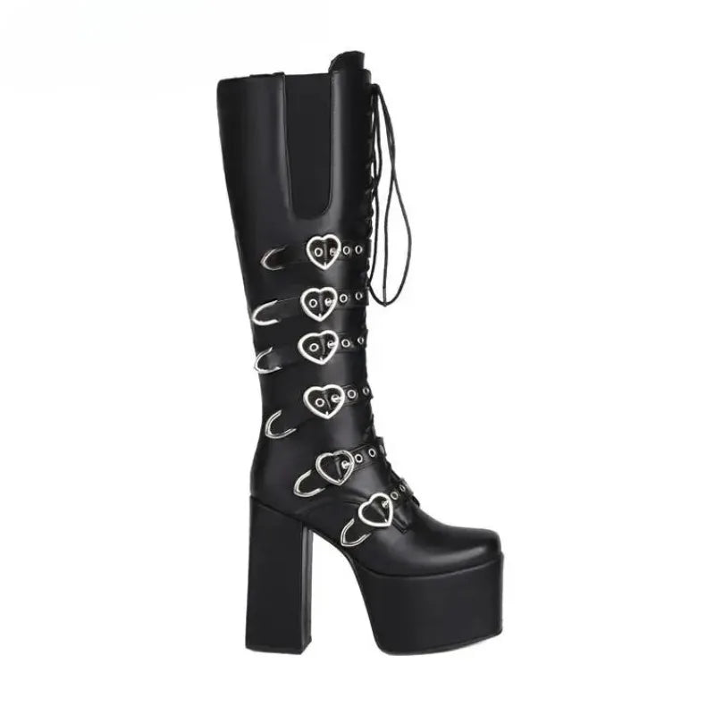 New Punk Goth Women Motorcycle Boots High Heeled Knee High Platform Shoes Heart Buckle Lace Up Luxury Trendy Winter Street Boots