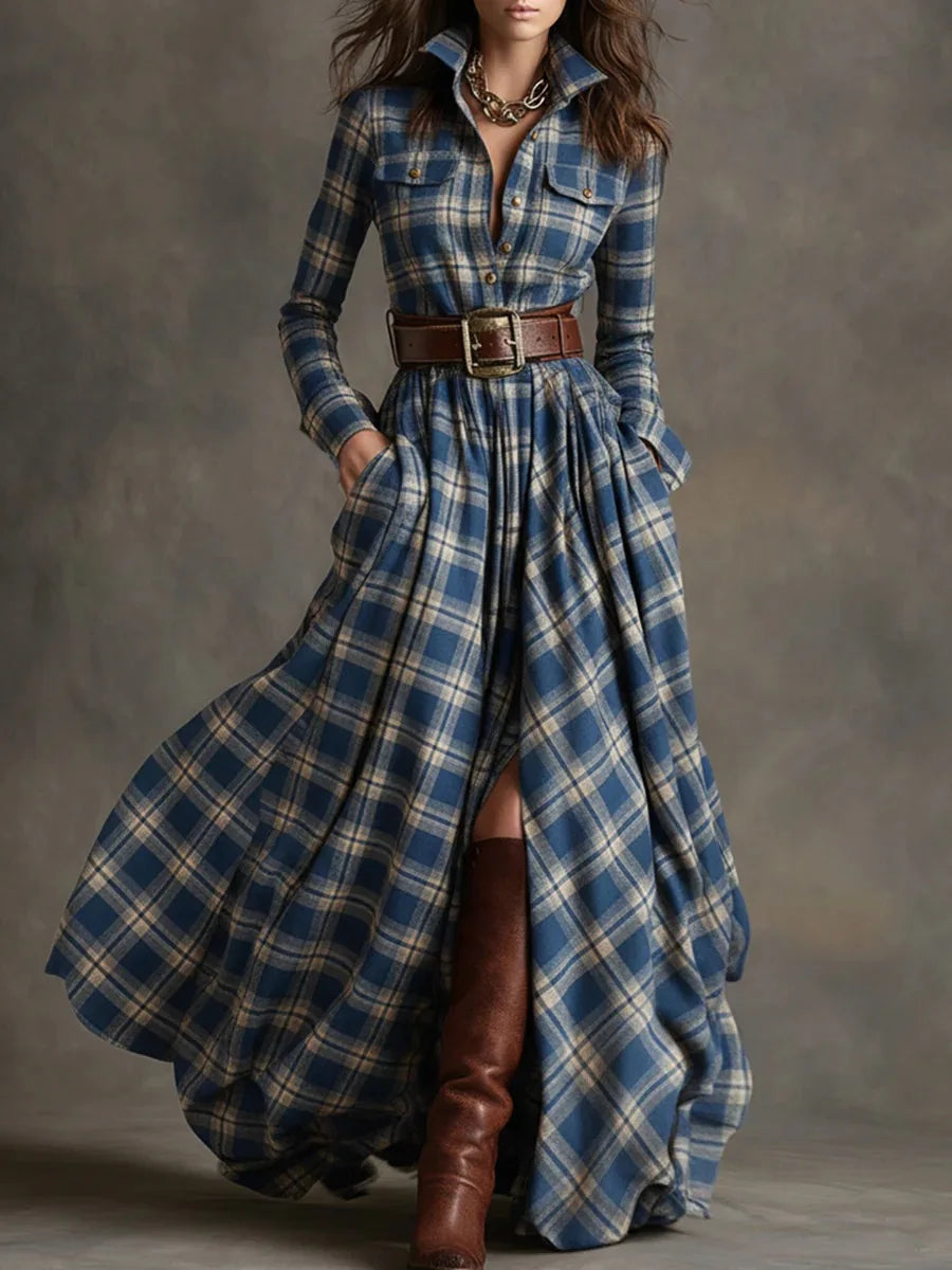 Plaid with Belt Retro Long Dress Lapel Button Irregular A Line Skirts Long Sleeve Casual Women's Dresses Autumn Elegant Clothes