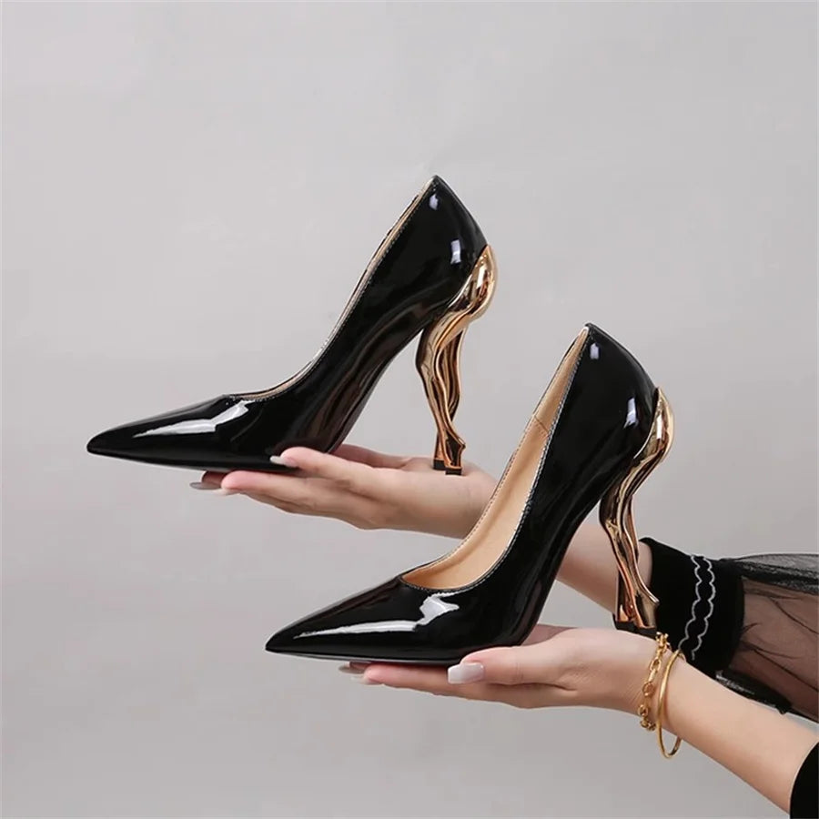 Deigner Gold Hip High Heels Runway Women Pumps Pointed Toe Strange Heel Dress Shoes Black Patent Leather Ladies Stiletto