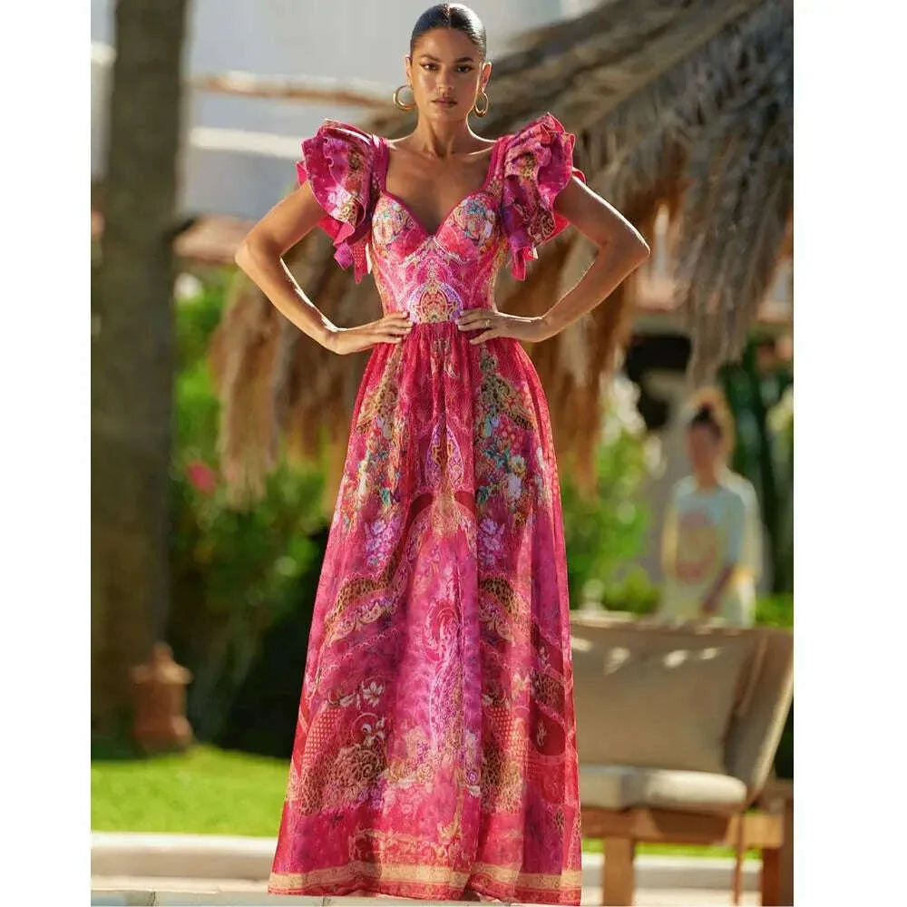 FLAXMAKER Ruffled Rose Red Blooming Flower Print One Piece Swimsuit and Skirt Women Beachwear Luxury Bathing Suit