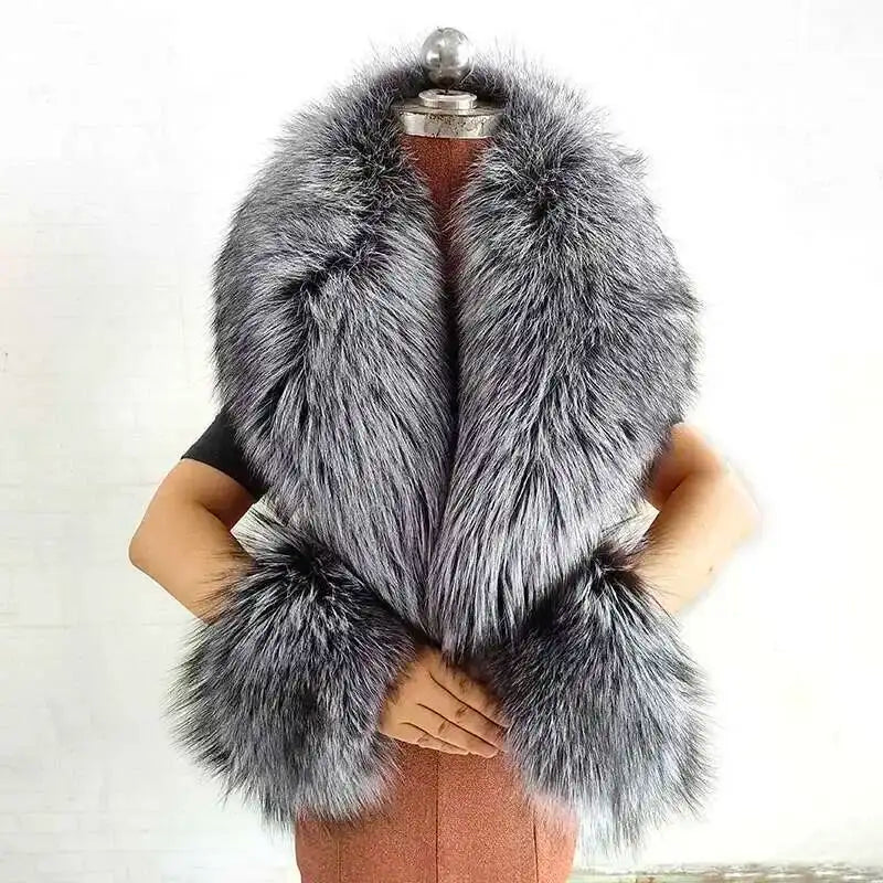 Real Fox Fur Collar Cuffs Set For Women Men Winter Neck Warmer Furry Scarf Fluffy Pelt Fur Shawl Coat Overcoat Fashion Accessory