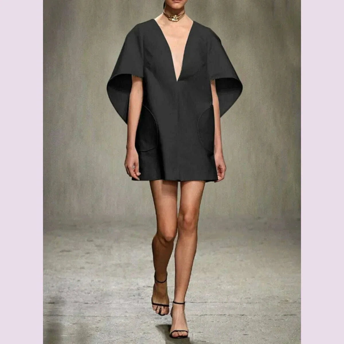 Yeezzi Fashion Black White Color Short Dress For Women 2024 New Spring Deep V-neck Half Sleeves Loose Prom Party Mini Dresses