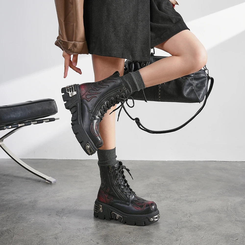 2025 New Punk Women Platform Ankle Boots Female's Rock Round Toe Lace Up Fashion Retro Chunky Shoes Metal Decor Short Boots