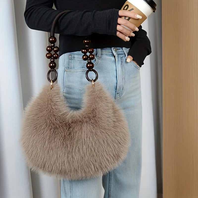 Women's Faux Handbag, Plush Faux Tote Purse with Bead Accented Strap, Zipper Closure Elegant Handbags Shoulder Bags for Everyday