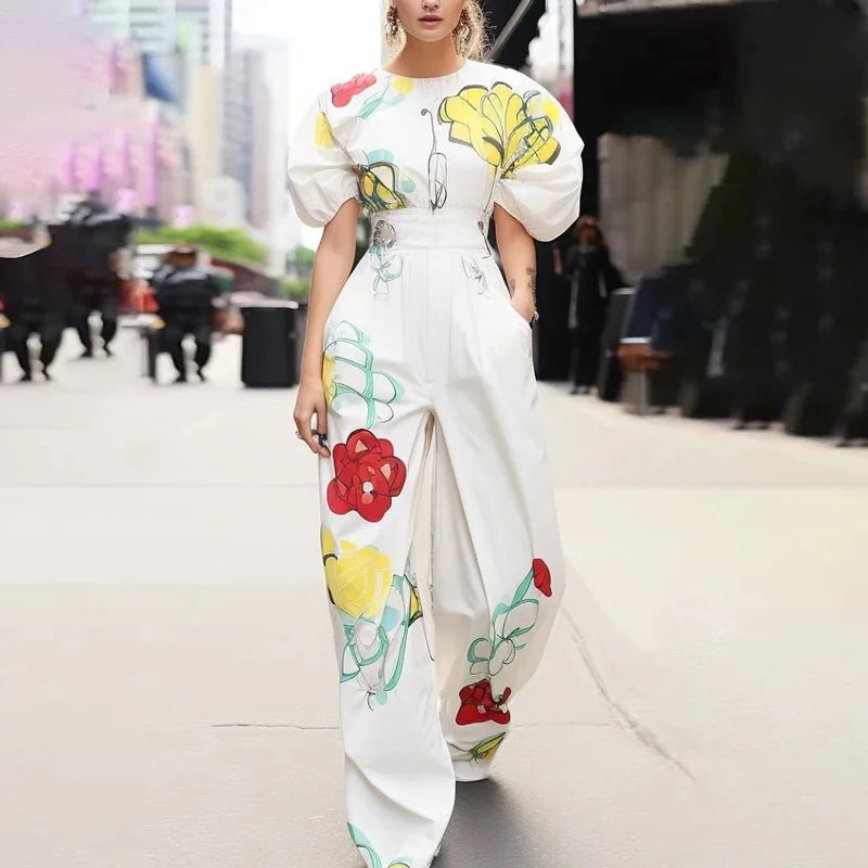 Krisstargirl Summer Outfit 2 Piece Set for Woman 2025 New Flower Print Blouses Top and Pleated Wide Leg Pants Sets Woman Clothes