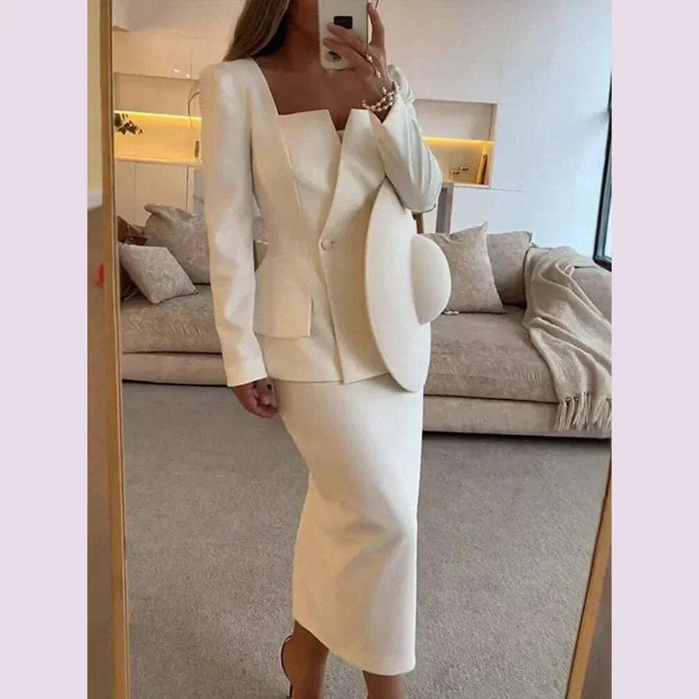 Elegant BlazerCoat Skirt Set Women Double Breasted Square Collar Slim Jacket And Midi Skirts Suits 2 Pieces Office Chic Outfits
