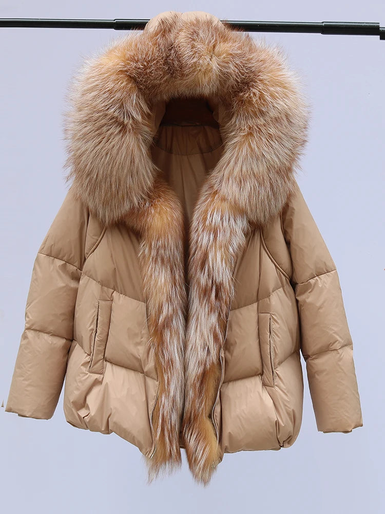 New Fashion Outerwear Puffer Jacket 2024 Women Coat White Duck Down Jacket Super Large Real Silver Fox Fur Collar Hooded