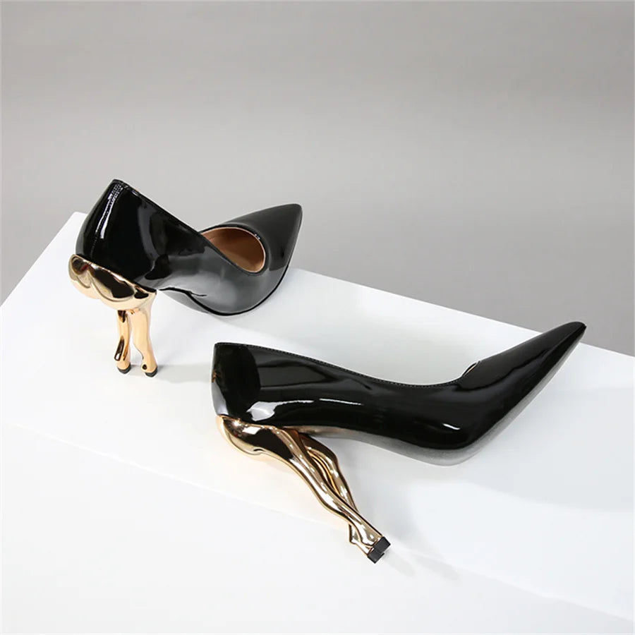 Deigner Gold Hip High Heels Runway Women Pumps Pointed Toe Strange Heel Dress Shoes Black Patent Leather Ladies Stiletto