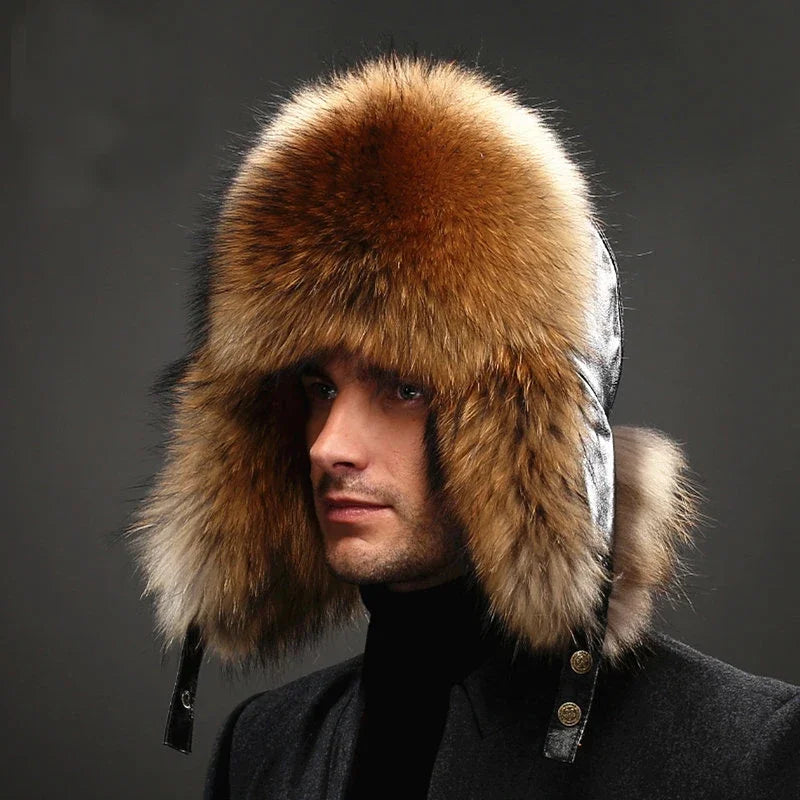 New Winter Men's 100% Real Silver Fox Fur Bomber Hat Raccoon Fur Ushanka Cap Trapper Russian Man Ski Hats Caps Real Leather Top