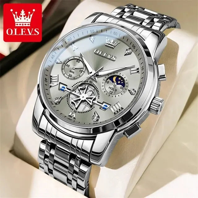 OLEVS 2856 Man Watch 24 Hour Moon Phase Chronograph Waterproof Luminous Multifuncation Original Luxury Quartz Wristwatch for Men