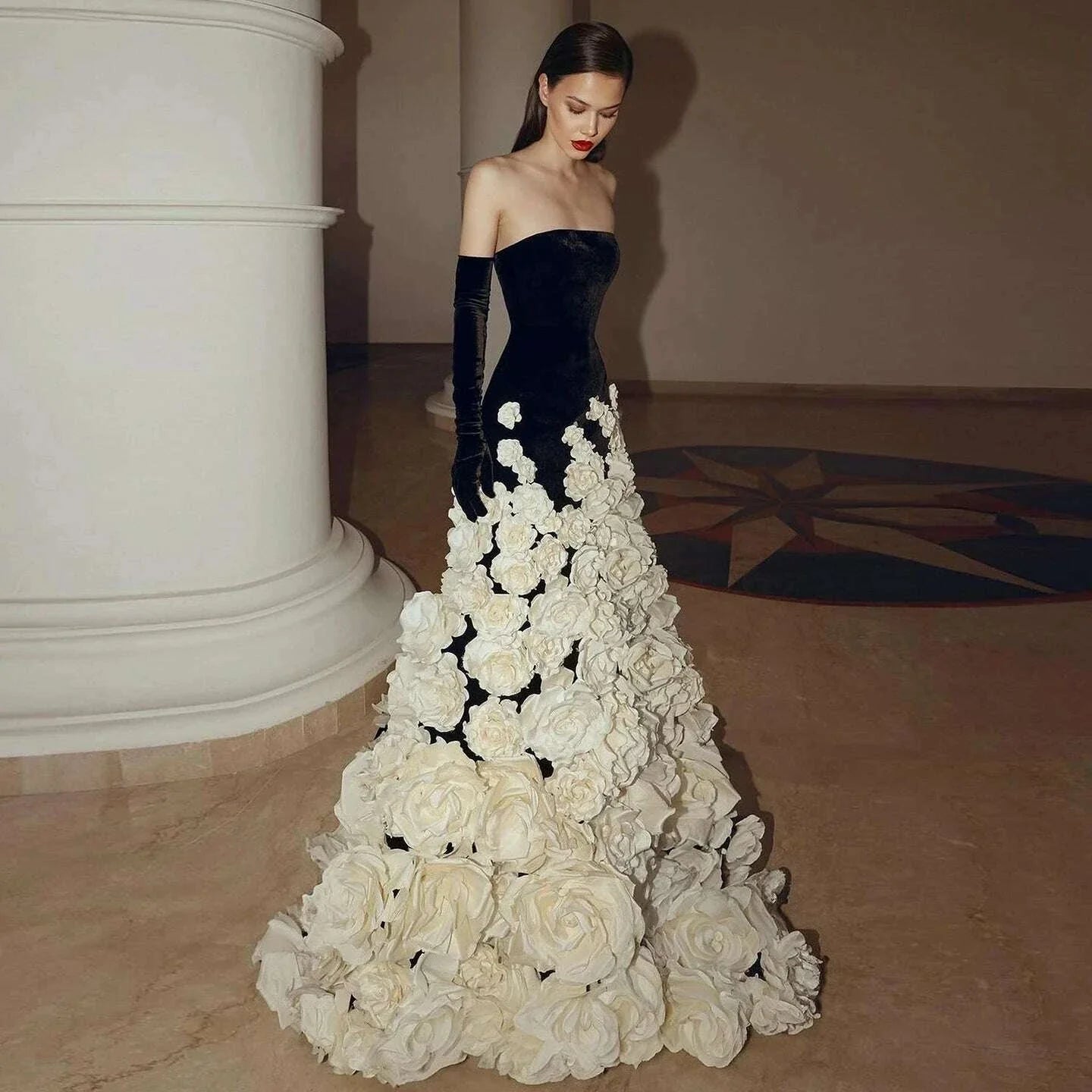 Sharon Said Luxury Dubai Black Velvet Strapless Evening Dress with Gloves 3D Flowers Women Wedding Party Gowns SS248 Customized