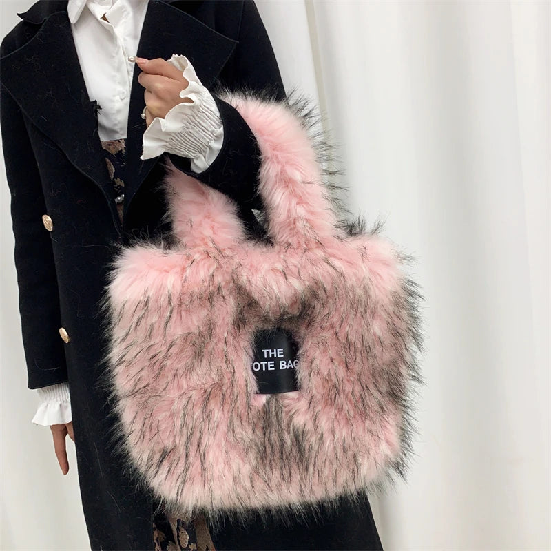 Luxury Designer The Tote Bags for Women Furry Leather Branded Fur Shoulder Bags Female Large Crossbody Handbags