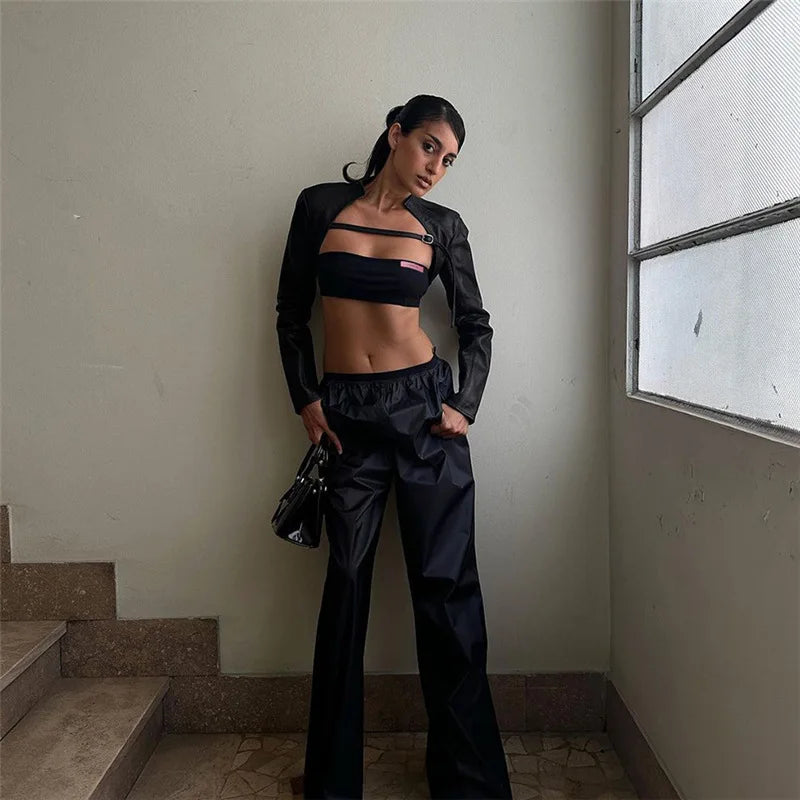 BOOFEENAA Crop PU Leather Jacket Women with Tube Top Two Piece Set Streetwear Fashion Black Coats Winter Clothes C71-CH22