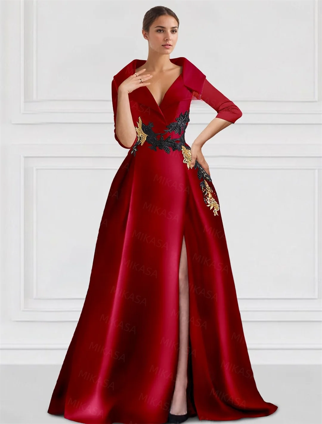 Classic Satin Evening Dresses For Women Wedding Party Guest V-neck Three Quarter A-line Side Slit Elegant Prom vestidos de gala