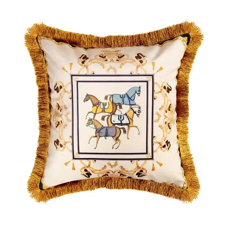 European Retro Horse Printed Pillow Cover Sofa Gold Tassel Pillowcase Velvet Fabric Cushion Cover | Kimlud Premium Pillow