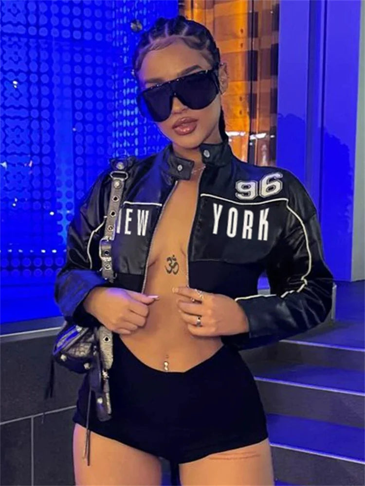 kliou Letter PU Patchwork Women Coats New Hipster Button Zip-up Full Sleeve Crop Jackets Trend Cool Street Outwear Spring New