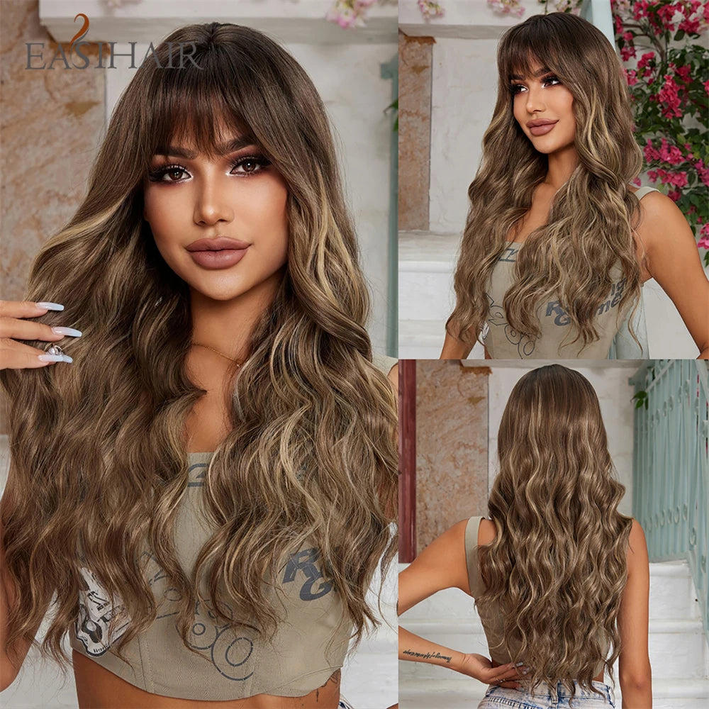 EASIHAIR Sandy Blonde Golden Wavy Synthetic Wigs with Long Bangs Cosplay Lolita Party Hair Wigs for Women Natural Heat Resistant