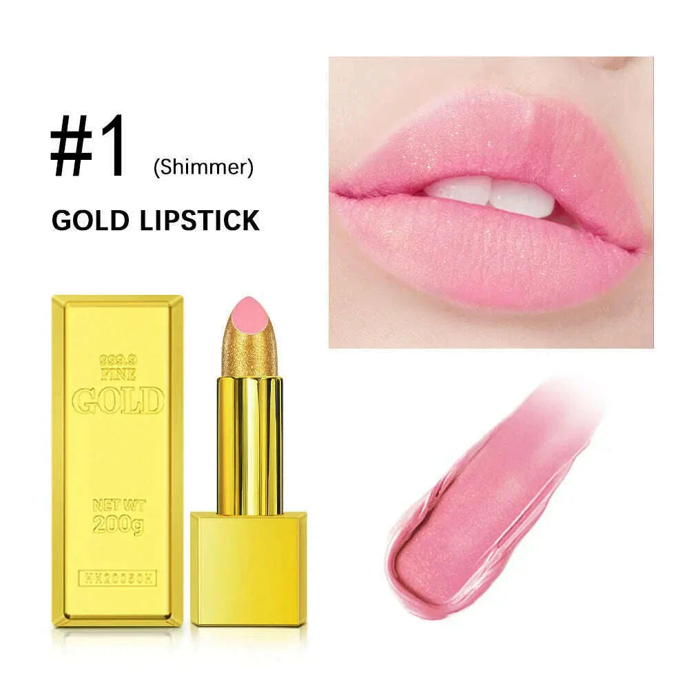 Shimmer Gold Lipstick Metallic Glitter Sexy Lipsticks Long Lasting Batom Waterproof Cosmetic Gold Brick Tube Design Gift 3.5g