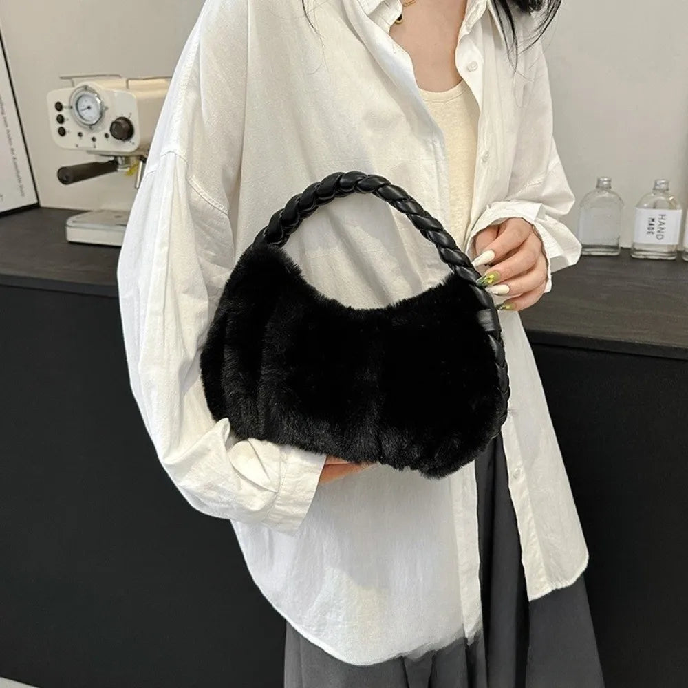 Elegant Furry Shoulder Bag Fluffy Soft Plush Handbag Solid Color Zipper Tote Bag