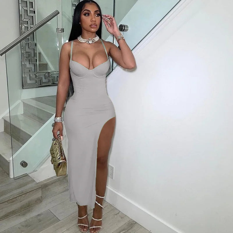 Sexy Spaghetti Strap High Split Party Dress Women Night Sleeveless Backless Slim Bodycon Maxi Dress Elegant Birthday Prom Dress