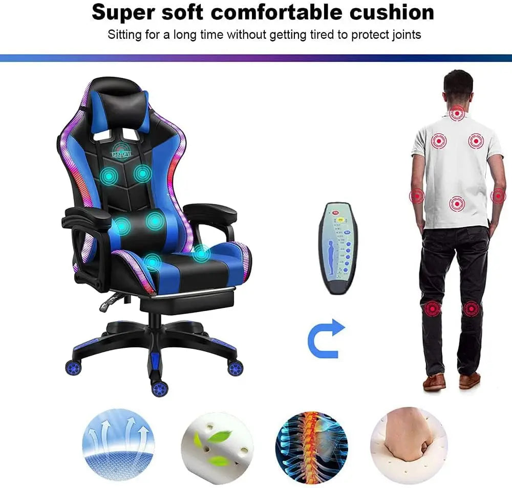 RGB Gaming Chair Ergonomic Massage High Back with Speakers And LED Light 90°-135° Adjustable PU Leather for Video Game E-Sport